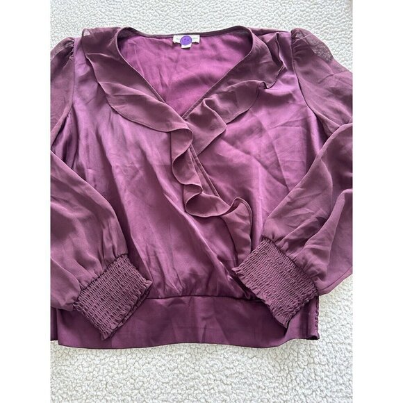 The General Good Purple V-Neck Faux Wrap Long Sheer Sleeve Smocked Top Sz M - Picture 6 of 10